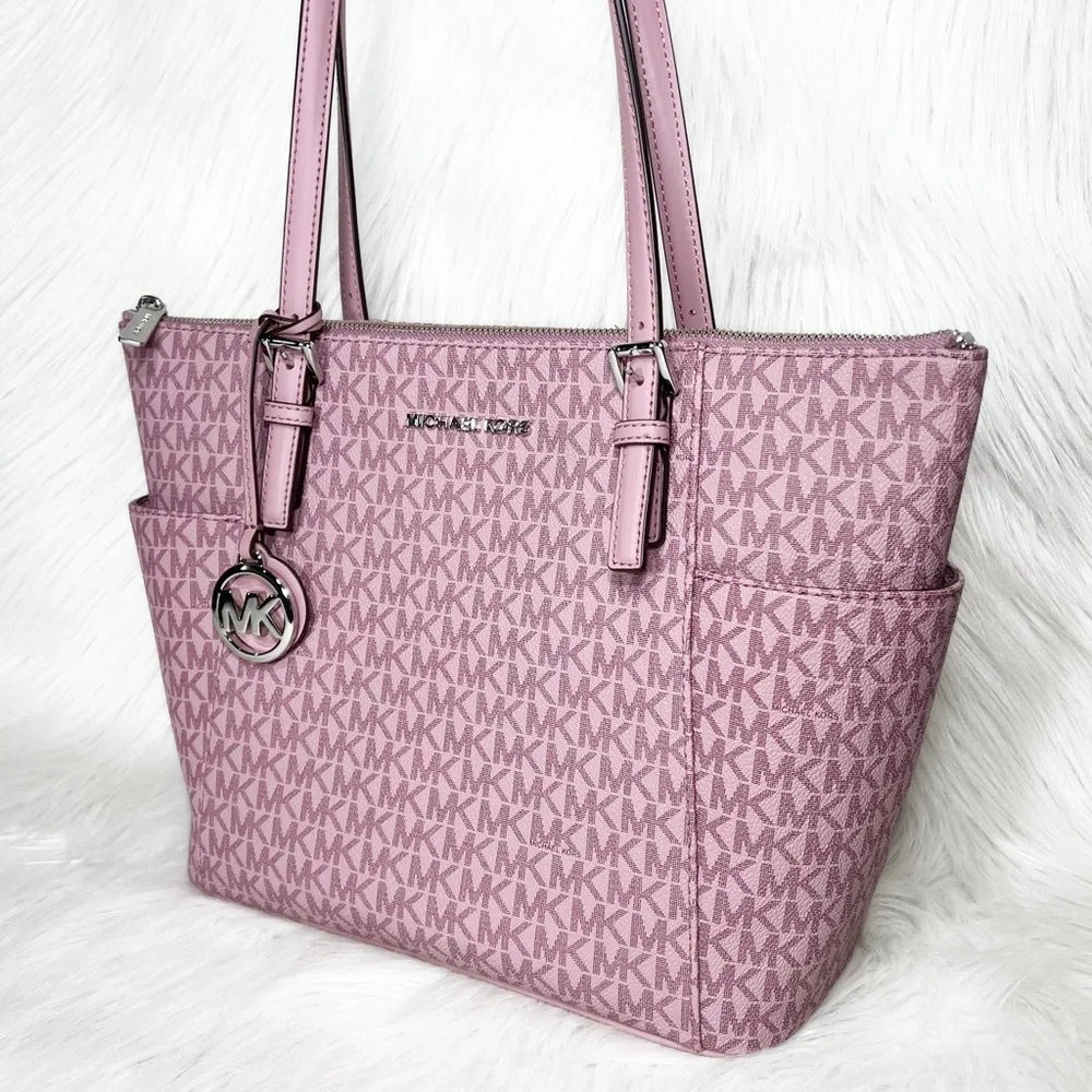 SOLD-Michael Kors Pink MK Logo Zip Top Shoulder Jet Set East West Tote Bag Med - Picture 3 of 9